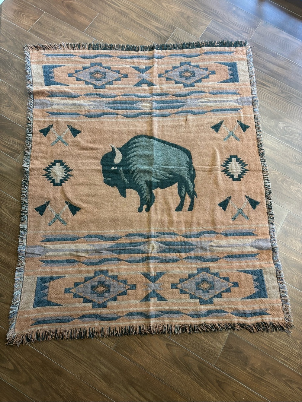 Southwestern Buffalo Bison Woven Tapestry Throw Fringe 44x58 Rustic Western
